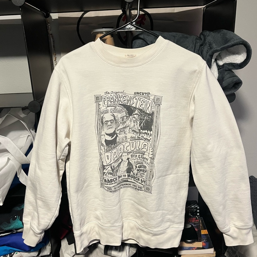 John Galt Dracula and Frankenstein sweater small rip under right armpit